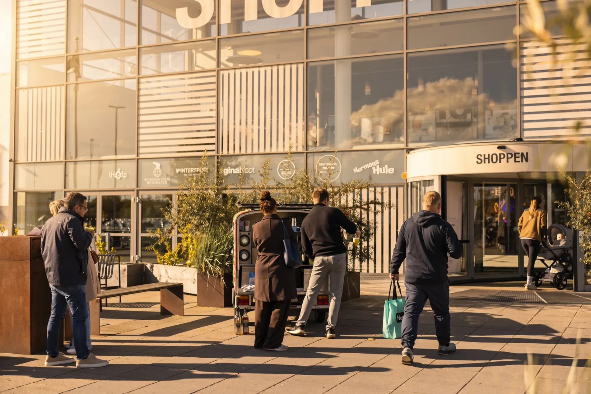 Besøgende foran indgangen til Shoppen Aalborg butikscenter på en solskinsdag.
