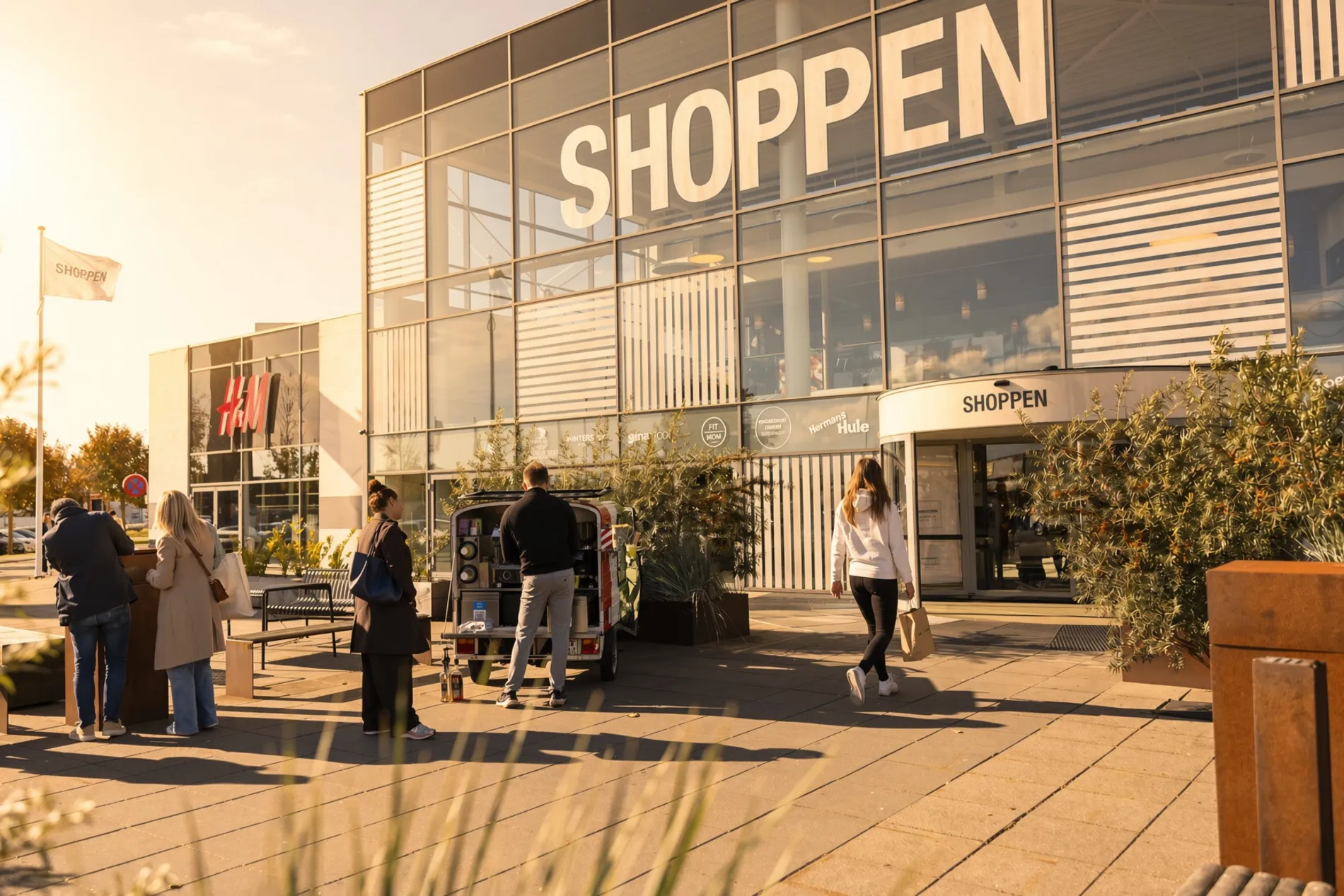 Facaden af Shoppen i Aalborg City Syd med kunder og indgangsparti i solskinsvejr.