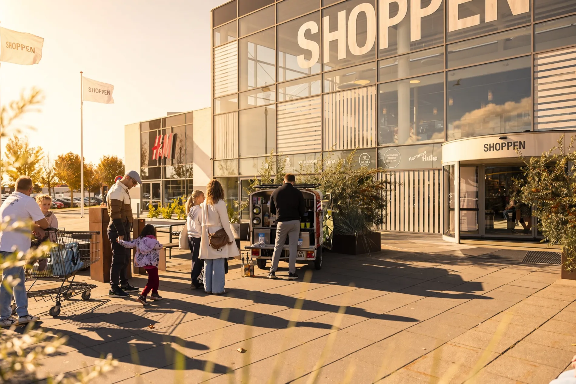 Facaden af Shoppen Aalborg shoppingcenter i sollys med butikker, cafe og glade besøgende.