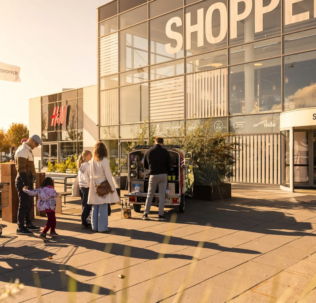 Besøgende foran Shoppen Aalborg med indgangsparti og kaffevogn i solskin.
