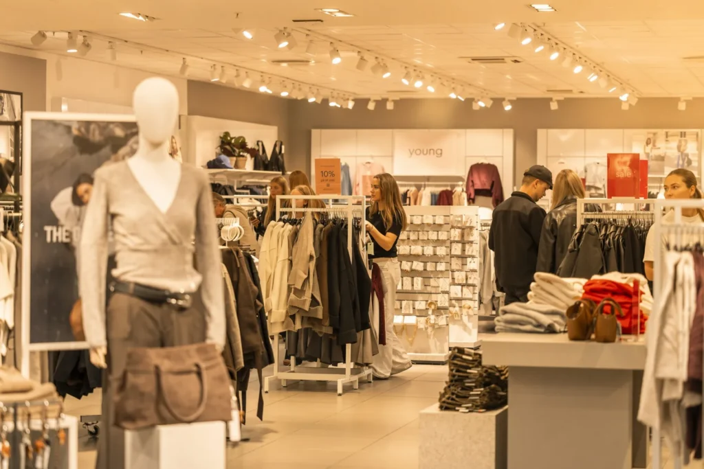 Kunder der kigger på tøj i en lys og moderne tøjbutik i Shoppen Aalborg.