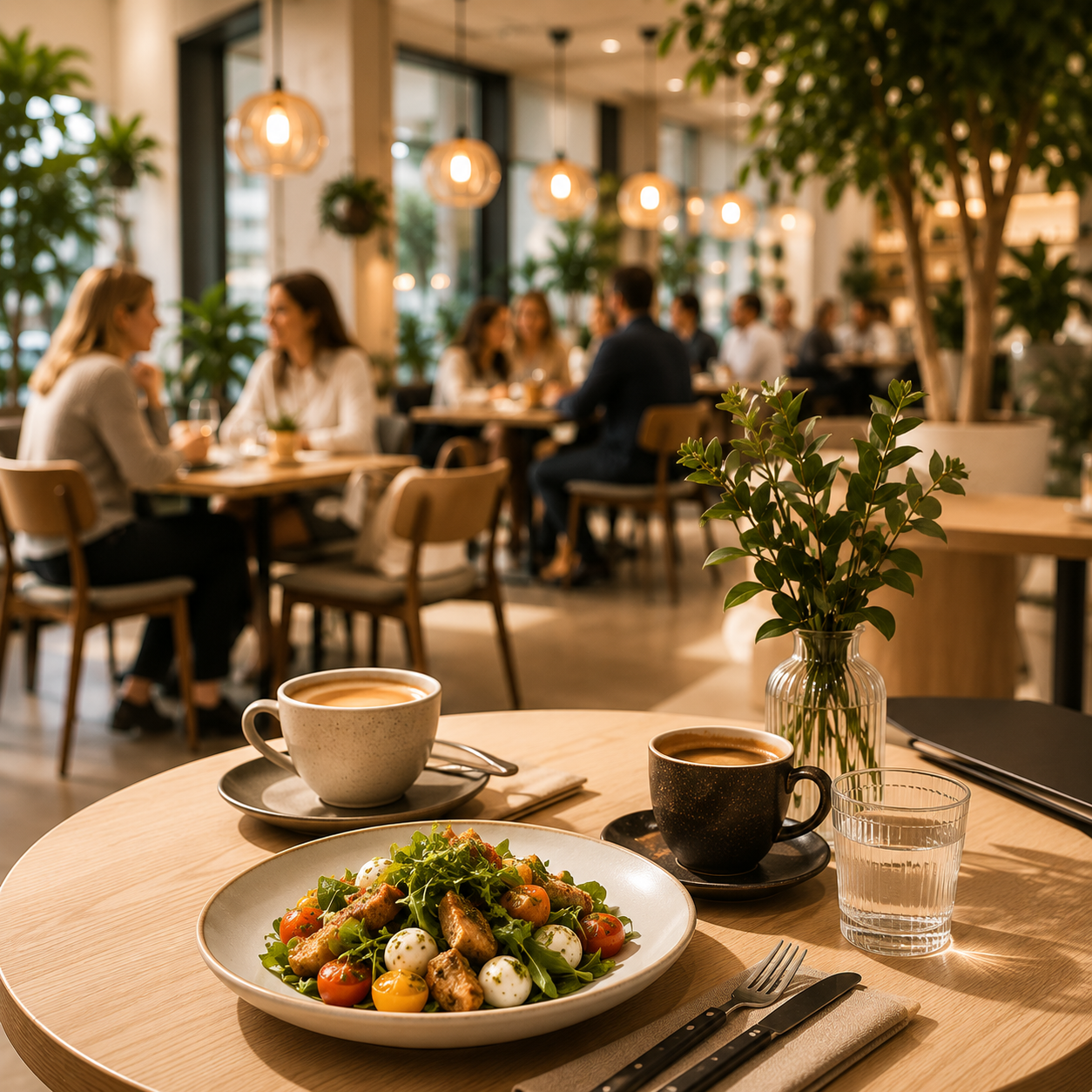 Gæster der hygger sig med mad og kaffe på et moderne spisested i Shoppen Aalborg.