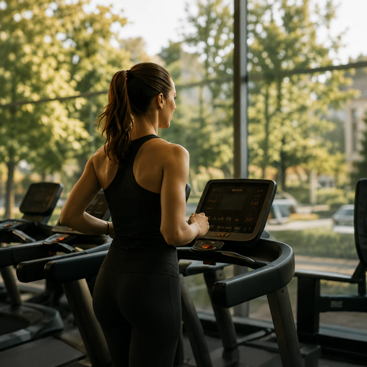 En kvinde træner på løbebånd i et lyst fitnesscenter hos FitMom i Shoppen Aalborg.