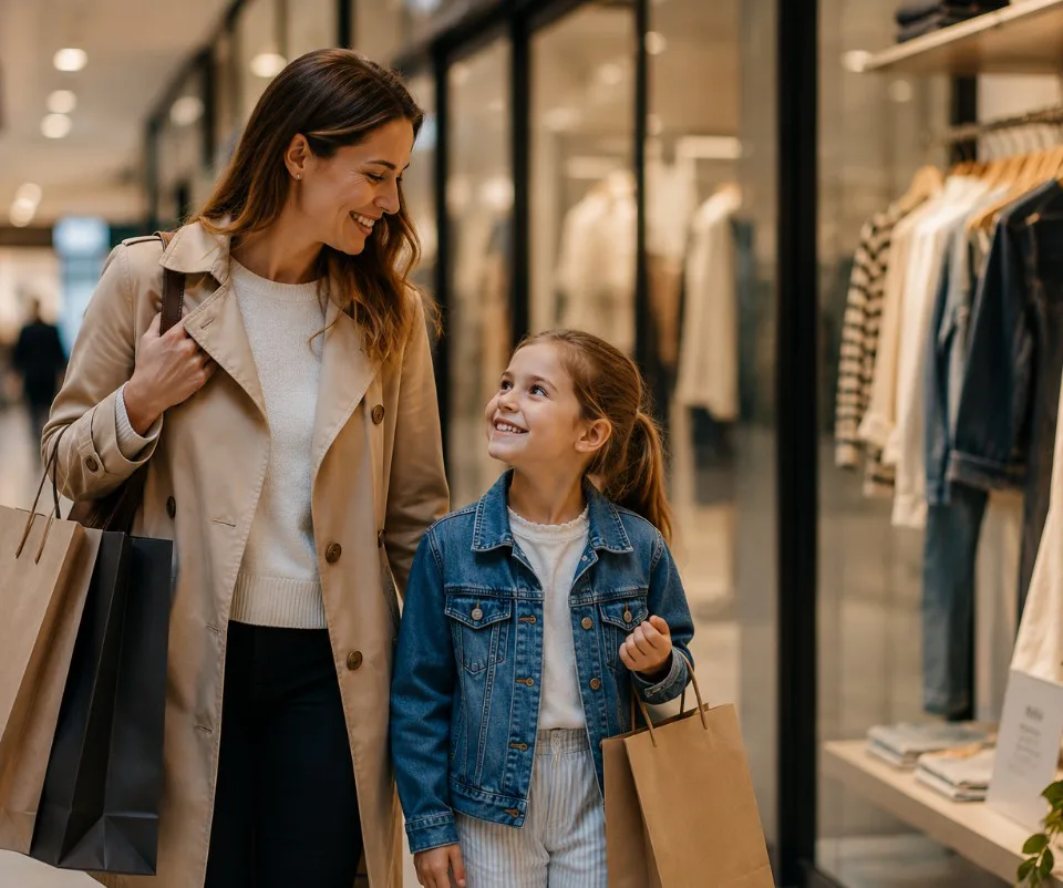 Smilende mor og datter med indkøbsposer foran en modebutik i Shoppen Aalborg.